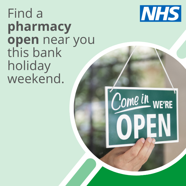 Some local pharmacies may have different opening hours over the bank holiday. To find an open pharmacy near you visit nhs.uk/service-search….