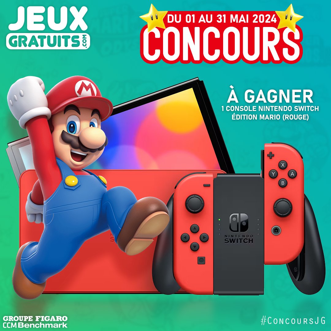 CONCOURS NINTENDO SWITCH MARIO 🎁 Une console Nintendo Switch en édition limitée aux couleurs de Mario, ça te dit ? C'est le cadeau du mois qu'on te fait gagner sur Jeux-Gratuits.com jusqu'au 31 mai ! ➡ RDV sur jeux-gratuits.com/concours/ninte… ➡ RT #ConcoursJG