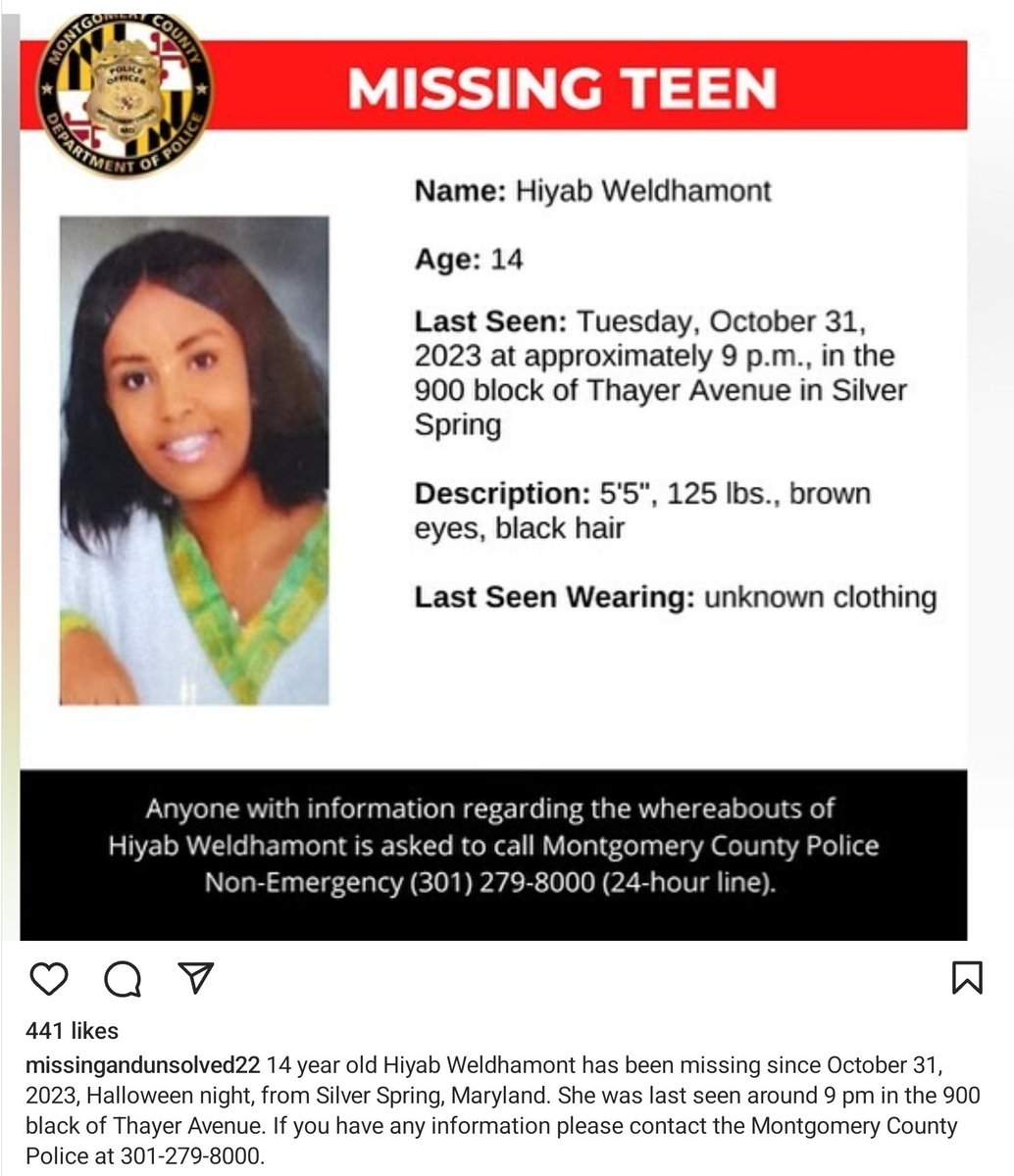 #HiyabWeldhamont #MissingTeen last seen 10/31/2023 from #SilverSpring #Maryland. She is 14 and is 5'5, 125 lbs, has black hair, and brown eyes.

If you have any information, please contact the Montgomery County Police # 301-279-8000