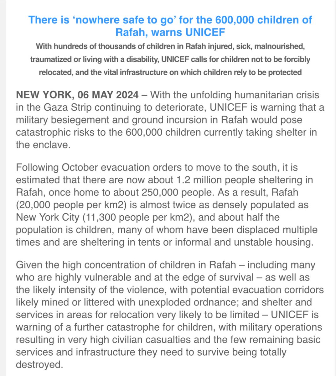 UNICEF warns about a “catastrophe for children” and high civilian casualties as result of Rafah incursion