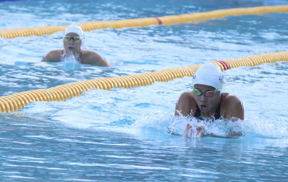Dumaguete City's Kacie Gabrielle Tionko leads Heat 3 of 3 finals in the girls 13 & over 200 LC Meter Individual Medley during the #CVIRAA2024 swimming competition at the Cebu City Sports Center Monday, May 6, 2024. | via Amper Campaña