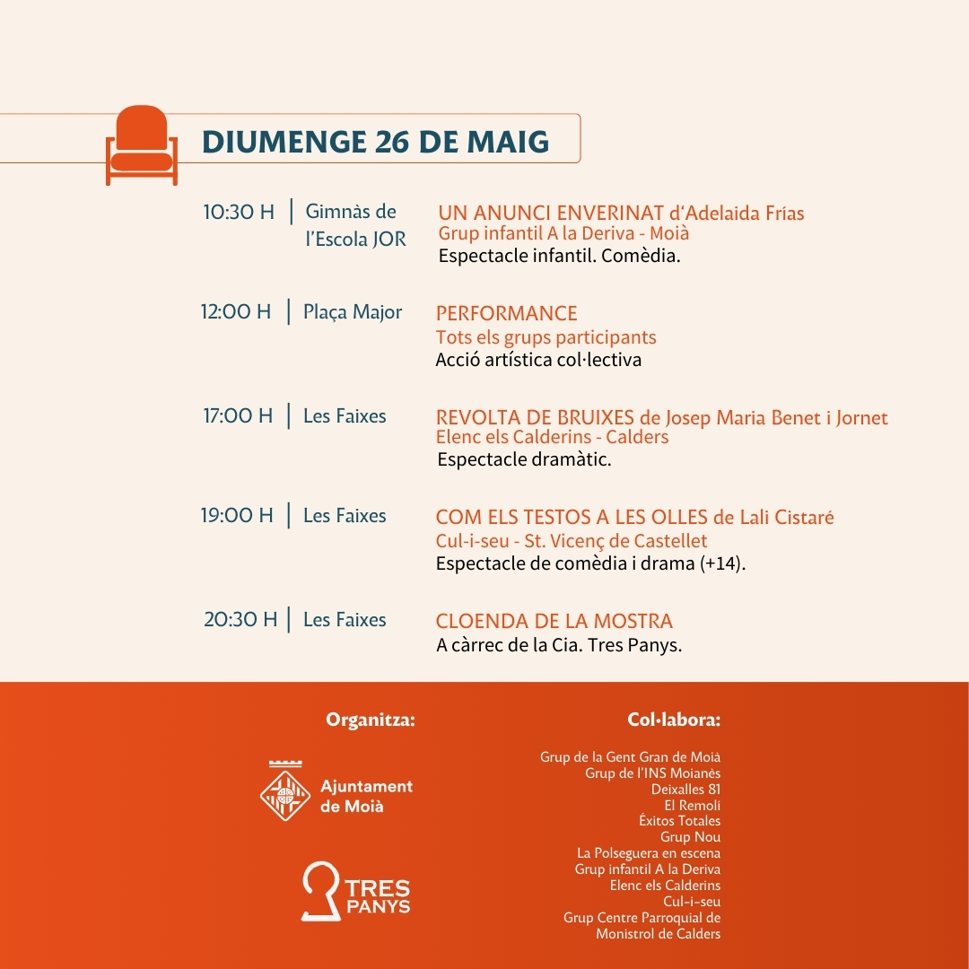 🟠🎭 MOSTRA DE TEATRE DEL MOIANÈS 🎭🟠 Ja tenim la programació d'una iniciativa cultural on el talent de la comarca sortirà a escena! 📅Els dies 24, 25 i 26 de maig 📍Les Faixes, el Casal de la Gent Gran, l'Auditori Sant Josep, la plaça Major i l'Escola Josep Orriols