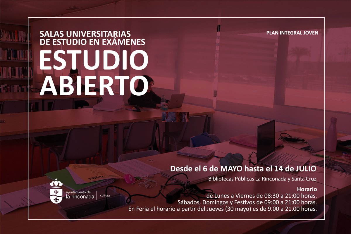 #EstudioAbierto del 6 de mayo al 14 de julio. El área de #Cultura y las bibliotecas públicas municipales #LaRinconada ponen en marcha esta edición de cara a los exámenes del trimestre. El horario será de L a V de 8.30 a 21h; S, D y festivos de 9 a 21horas acortar.link/wxOIJs