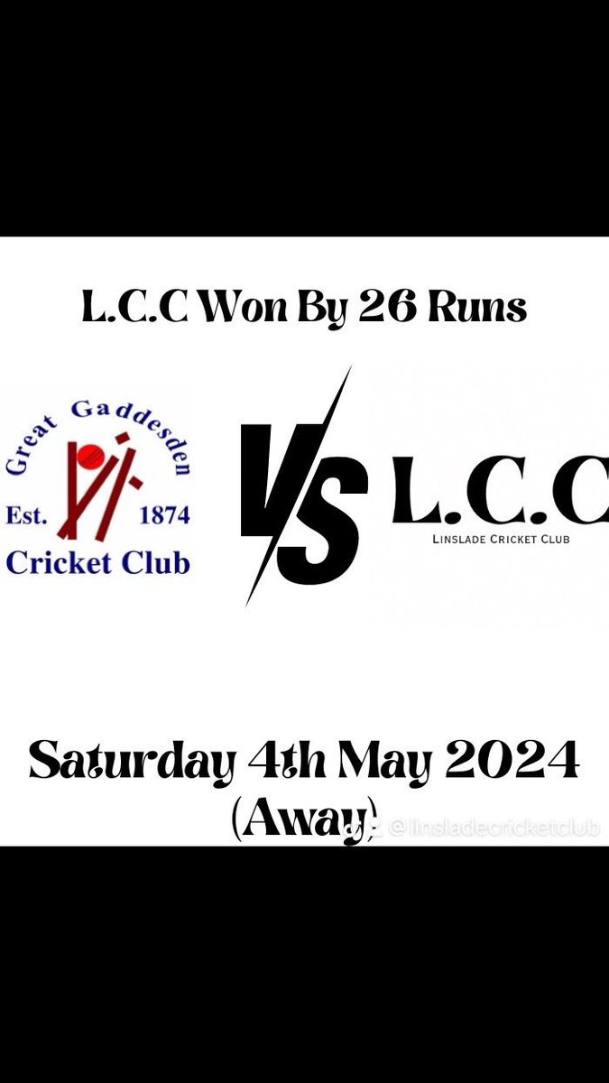 Great Gaddesden C.C vs Linslade C.C
(35 Over Game, 4th May 2024)
G.G.C.C Won Toss &amp; Elected to Field 

-Linslade 108-10

Sami (31/24) Syed (29/66) Rishi (16/31)🏏 

George H 5.3 Overs 4-13

-G.G.C.C 82-10

AJ Henry (23/61) Paul H (21/50)

Sami 7 Overs 3-15

L.C.C Won By 26 Runs