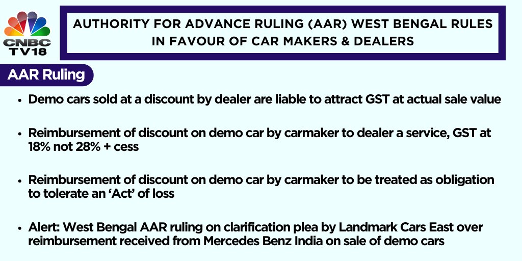 #NewsFlash | Authority For Advance Ruling (#AAR) West Bengal rules in favour of car makers & dealers 🚨AAR Ruling: Demo cars sold at a discount by dealer are liable to attract GST at actual sale value