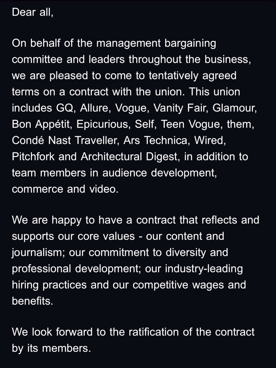 Just in time for the Met Gala, and at long last, here's the memo announcing a tentative contract between Condé Nast and the union representing hundreds of staffers