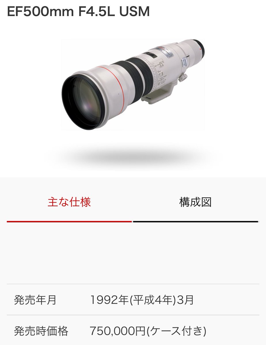 EFレンズ
単焦点レンズ　超望遠
EF500mm F4.5L USM

発売年月
1992年(平成4年)3月
発売時価格
750,000円(ケース付き)