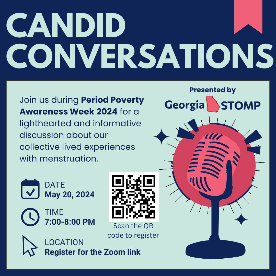 May 20 - 28 is Period Poverty Awareness week, a week spotlighting the issue of period poverty and its negative impacts.  In recognition Georgia STOMP will host a virtual Candid Conversation! Join us!
Register at bit.ly/ppawcc
