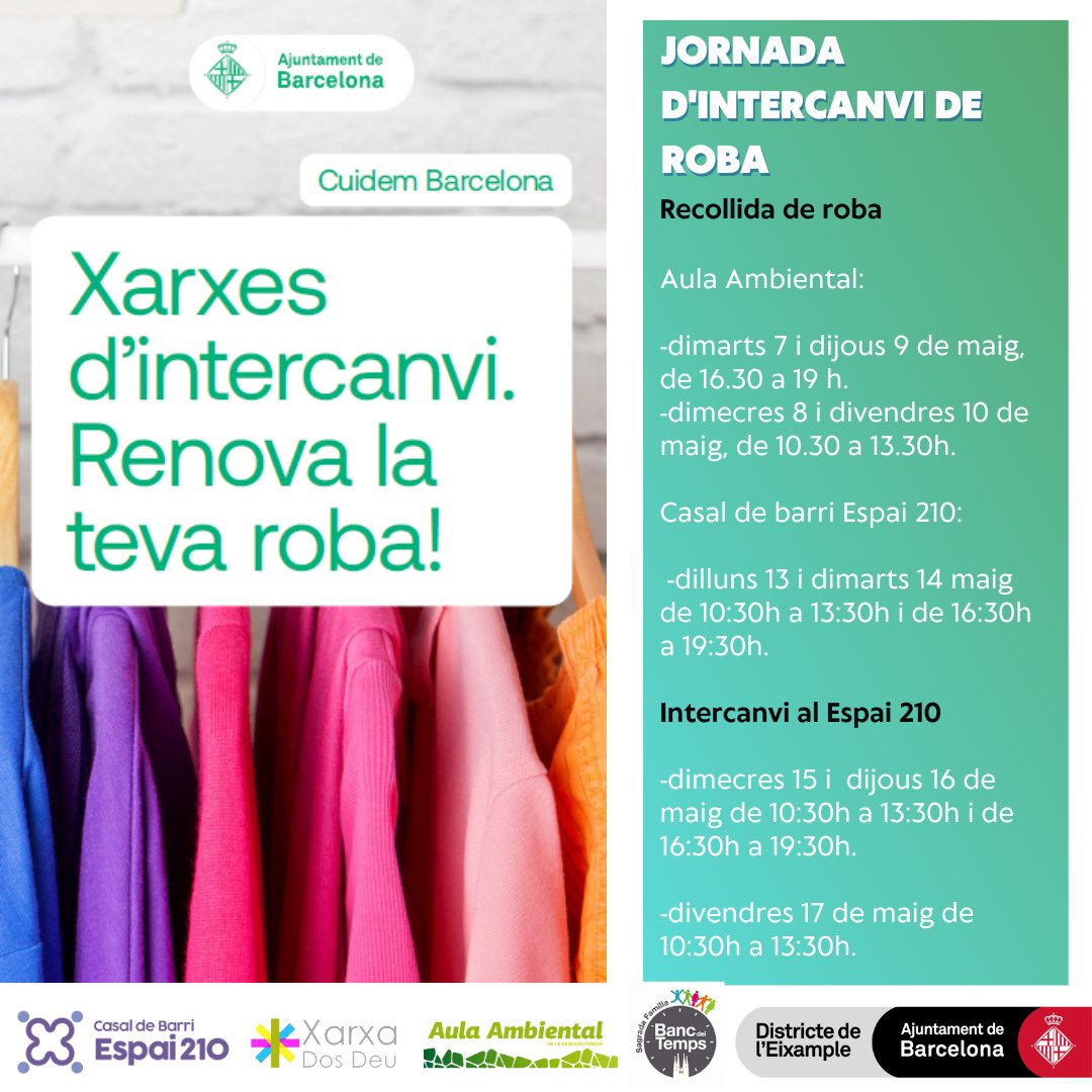 Demà comencem el #RenovalaRoba! Aquí teniu els dies de recollida i intercanvi de Sagrada Família, a l'aula i al Casal de Barri Espai 210. Més info 👉aulambiental.org/renova-la-teva… @bcn_eixample