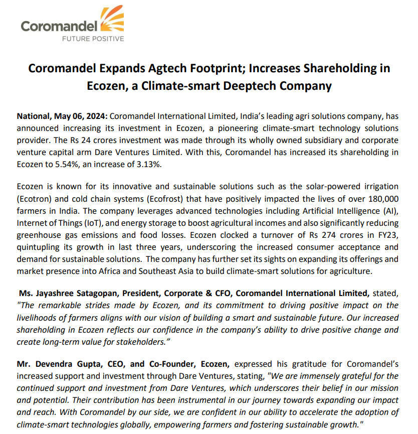 #Coromandel Expands Agtech Footprint; Increases Shareholding in #Ecozen, a Climate-smart Deeptech Company