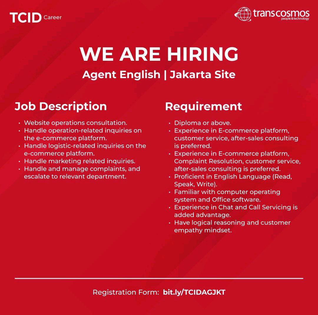 #LokerPam - transcosmos - Agent English - Jakarta - bit.ly/TCIDAGJKT