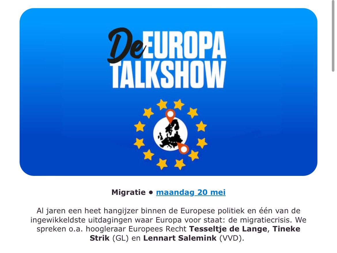 We hebben een sterk Europa nodig om migratie onder controle te krijgen.

🎙️ 13 mei gaan <a href="/ericvanderburg/">Eric van der Burg</a> en ik hierover in gesprek bij de <a href="/VVD_Zaanstad/">VVD Zaanstad</a> <a href="/VVDAmsterdam/">Amsterdamse VVD</a> 

🎙️ 20 mei ga ik in debat over migratie bij <a href="/TiVre_Utrecht/">TivoliVredenburg</a> met o.a. <a href="/groenlinks/">GroenLinks</a>. Er is wat te kiezen op 6 juni!