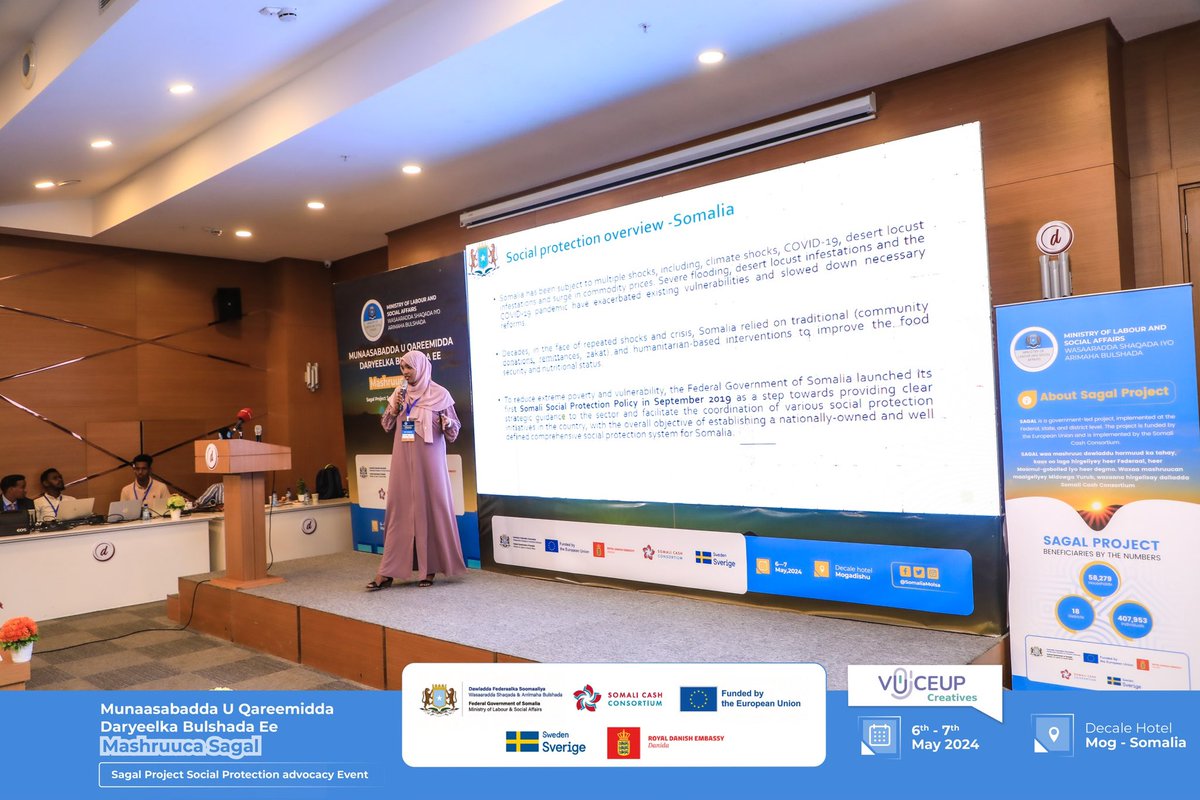 Mariam Mohamed, the @SAGAL_Som Lead Advisor, delivered a compelling presentation to the guests, outlining the nationwide objectives, outcomes, and outputs of the Sagal Project. #SagalProject #SocialProtection