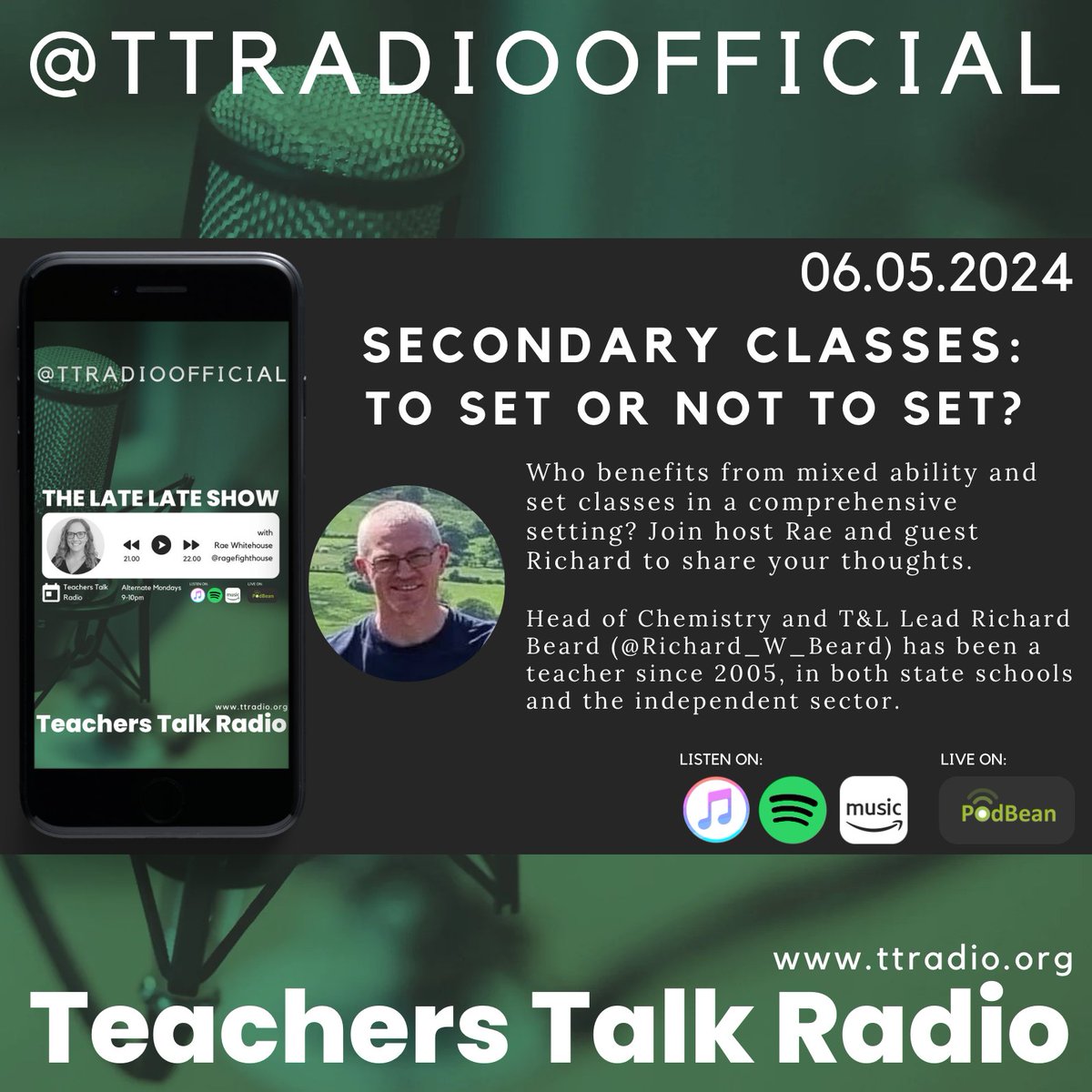 Rae (@ragefighthouse) on Twitter photo After technical problems of glorious proportions during our last show, we are trying again!
Join <a href="/Richard_W_Beard/">Richard Beard</a> and me on tonight's <a href="/TTRadioOfficial/">Teachers Talk Radio</a> Late Late Show to discuss mixed ability vs set classes in secondary schools. After technical problems of glorious proportions during our last show, we are trying again!
Join <a href="/Richard_W_Beard/">Richard Beard</a> and me on tonight's <a href="/TTRadioOfficial/">Teachers Talk Radio</a> Late Late Show to discuss mixed ability vs set classes in secondary schools.
