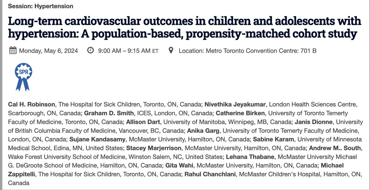 @KidneyCal presents novel and exciting results on long-term cardiovascular outcomes of pediatric HTN using @ICESOntario data. Hypertensive cohort had twice the risk of CV outcomes in young adulthood compared to propensity matched children without HTN 1/4 @PASMeeting #PAS2024