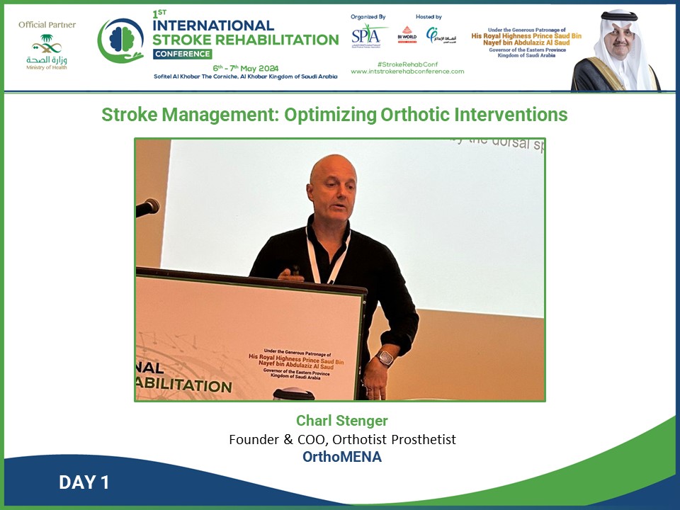 🌟Charl Stenger's enlightening presentation on 'Stroke Management: Optimizing #Orthotic Interventions' was a highlight of the 1st International #stroke  #Rehabilitation Conference Day 1! Charl is a Founder & COO of Orthotist Prosthetist at OrthoMENA
#StrokeRehabConf #StrokeCare