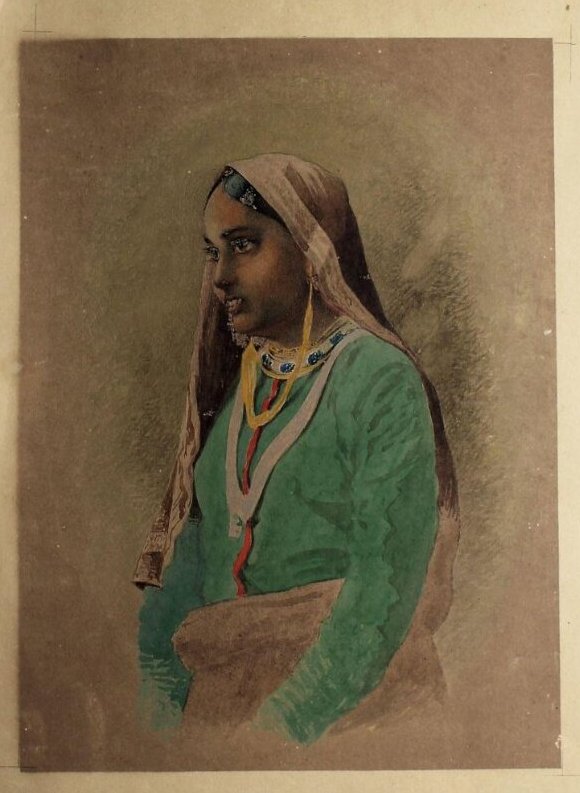 here i think painter wrongly titled
Bengali woman Painting by Frederick W.A. de Fabeck,   ca. 1860-1890 @V_and_A 
wearing green jacket & brown sari
that Ear jewellery not seems from Bengal? or a Muslim lady?