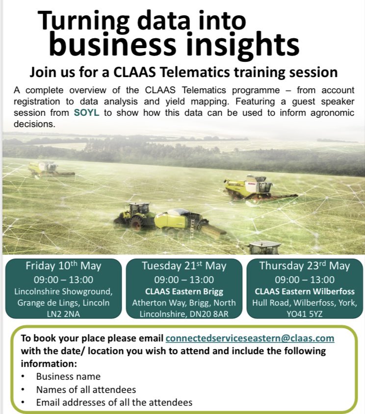 If you use data from CLAAS Telematics collected from JAGUAR LEXION TRION AXION XERION ARION TUCANO and need an update on how to collect/ extract/ learn from the data or are new to CLAAS yield mapping in 2024. Apply for your training session.Only available to CLAAS EASTERN users