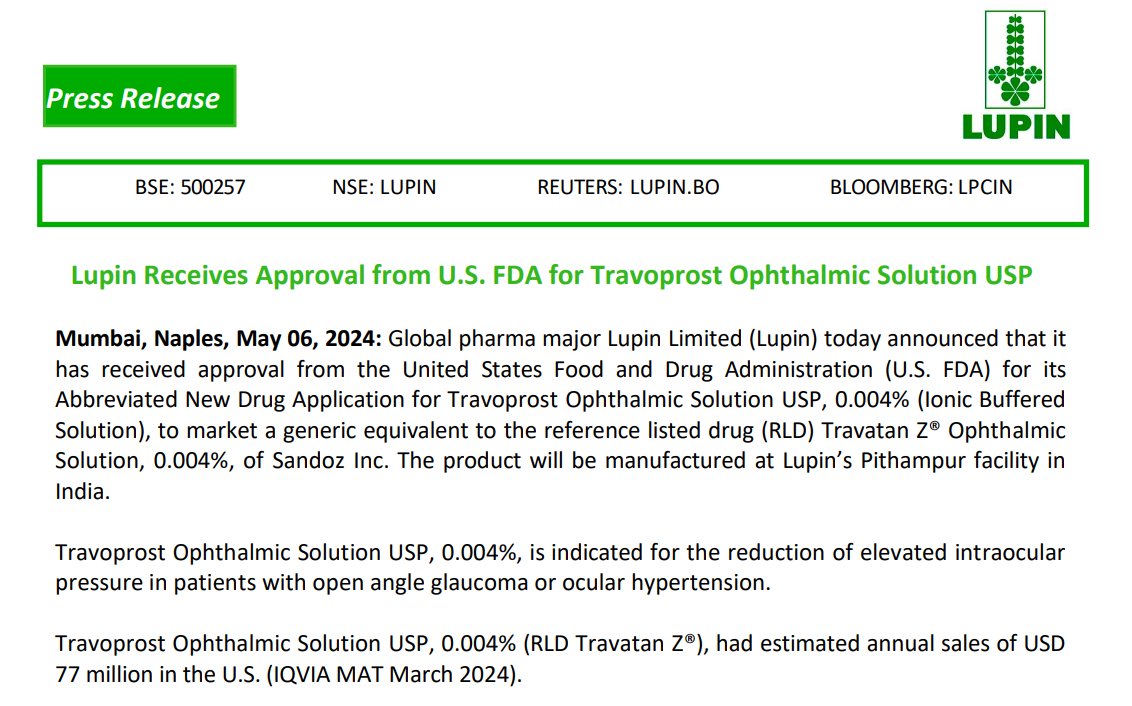 #Lupin Receives Approval from #USFDA for Travoprost Ophthalmic Solution USP