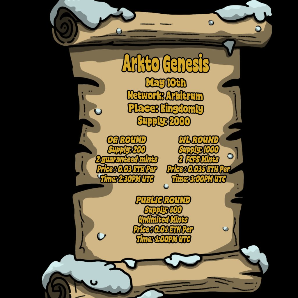 Arkto Genesis Mint details are out 👀 We invite all beras to join us at the Arktik Expedition on 10th May , starting from the place called Kingdomly. Letsss Melttt 🐻‍❄️