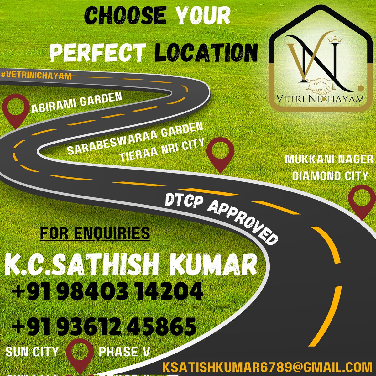 Choose Your Perfect Location @vetrinichayamD For Enquiries CT: +91 98403 14204, +9193612 45865

#landpromotion #landpromoters #honest #Truth #trust #realestate #mukkanininager #abiramigarden #sarabeswaraagarden #dtcp #approved #Land #plots #plotsforsale #tindivanam #vetrinichayam