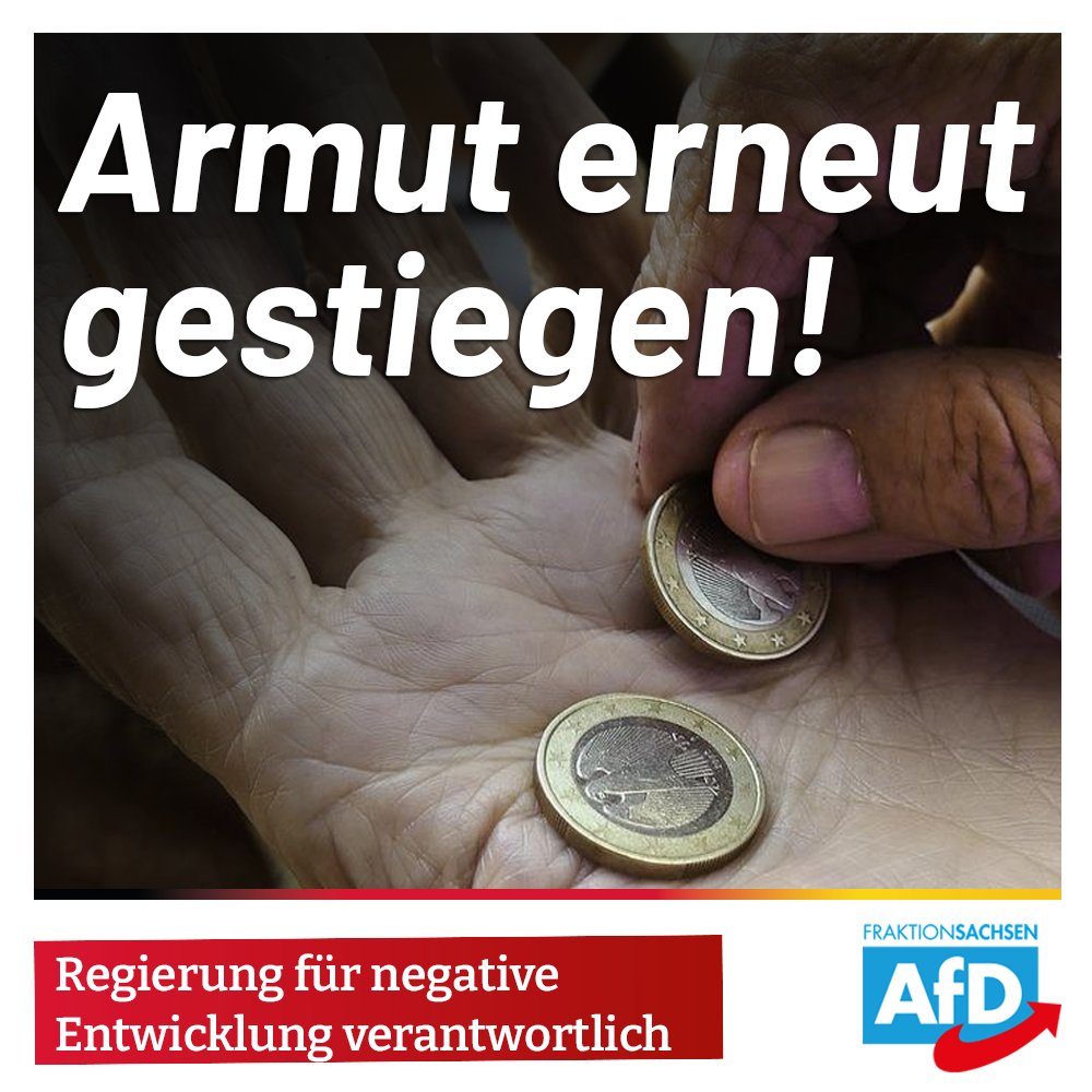 Die Zahl der armutsgefährdeten Bürger ist in #Sachsen auf 16,9 Prozent gestiegen. Am stärksten betroffen waren Senioren.

An extremen Energiepreisen, enormer Steuerlast und dramatischer Geldentwertung ist größtenteils die Regierung schuld!

afd-fraktion-sachsen.de/armut-erneut-g…