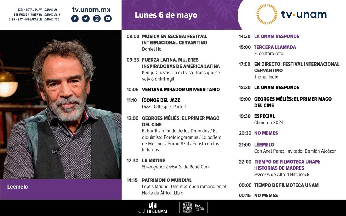 🥳📺Comienza tu semana con la mejor programación. Este #felizlunes recomendamos: música🎶, Íconos del jazz🎷, la matiné🎬, #LaUNAMresponde🦠, #EnDirecto🎤, #Climatón2024🌎, #NoMemes👩‍💻, #Léemelo📚 y #TiempodeFilmotecaUNAM🎥.