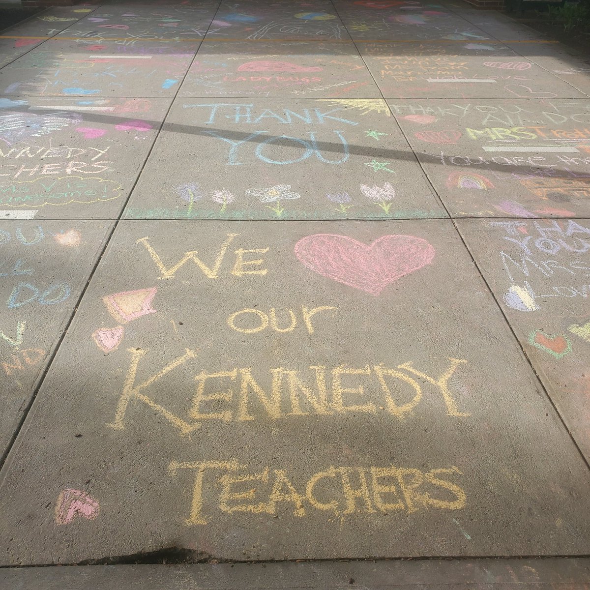 Thank you to the PCC for "chalking the walk," for staff on the first day of Teacher Appreciation Week. Breakfast was yummy too! #LadybugLife