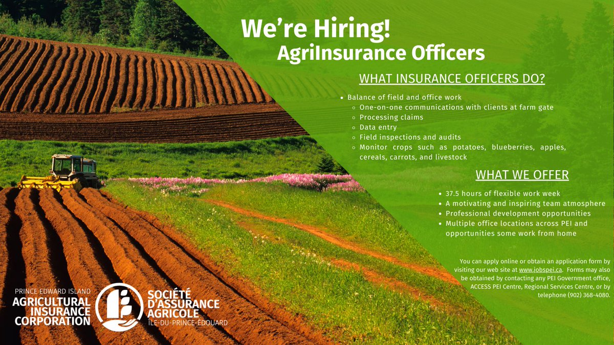 Interested in agriculture? 
P.E.I.AIC is creating a casual list of AgriInsurance Officers! Submit your resume by May 14th at 5pm AT through tinyurl.com/Job-162402