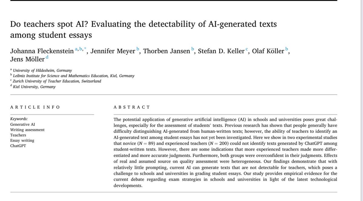 AI detection in school is a losing game. AI detectors have high flaw positives & teacher intuition seems to work even worse: “Here we show in two experimental studies that novice and experienced teachers could not identify texts generated by ChatGPT among student-written texts.”