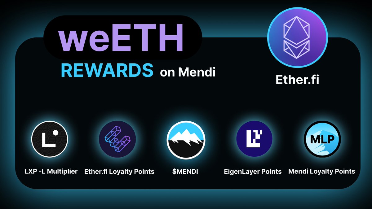 malda_xyz's tweet image. 👋🏔️Welcome to Mendi Finance, where we lay the path for you towards @LineaBuild&apos;s summit of points!

Supply @ether_fi’s $weETH:

✅Ether.Fi points (2-6x)
✅@EigenLayer points (1-3x)
✅LXP-L points
✅ $MENDI rewards
✅#MendiLoyaltyPoints (if you borrow)