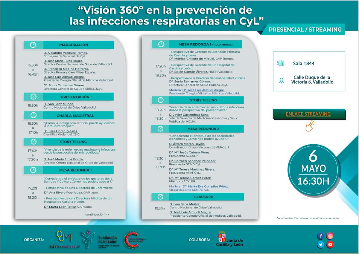 Jornada 'Visión 360º en la prevención de las infecciones respiratorias en CyL' ⬅️ 🗓️ 6 de mayo de 2024 ⏰ De 16:30 a 19:30 📍Presencial: Sala 1844, calle Duque de la Victoria 6, Valladolid 💻 Online: youtube.com/live/De-CdR1kS… ⬅️ #JCyLSalud #CastillayLeón