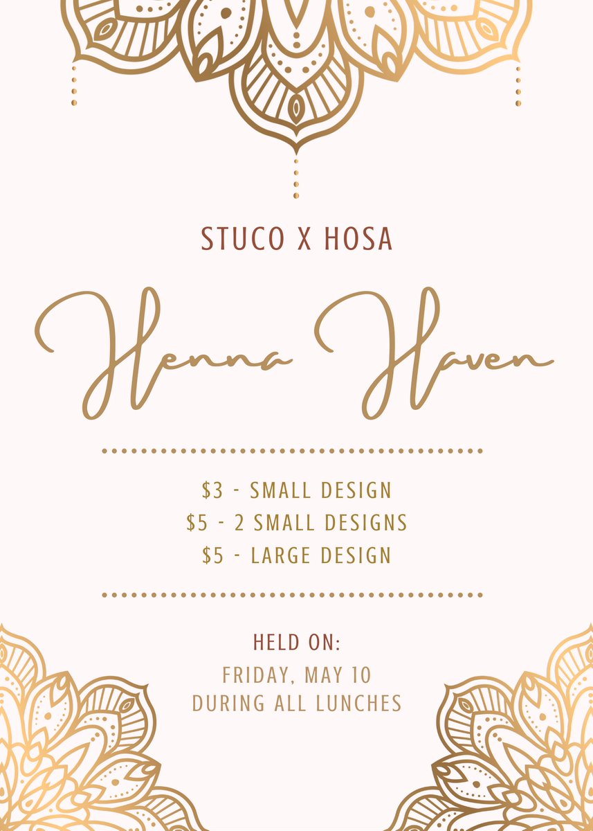 Don’t forget StuCo x HOSA’s Henna Haven will be held this friday during all lunches! 👩‍🎨 @BenIbarraCTE @BlansonCTEHS #StudentCouncil #StuCo #BlansonCTE #BCTE #HennaHaven #HOSA #MyAldine