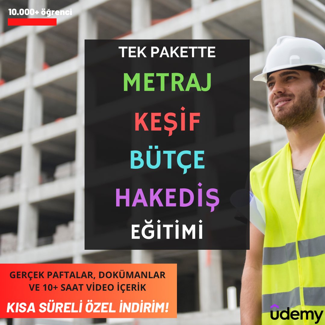 METRAJ, KEŞİF, BÜTÇE ve HAKEDİŞ EĞİTİMİ📚👷🏻‍♀️ 👇🏻 udemy.com/course/metraj-… Süre: 10 saatlik 60 ders Platform: Udemy (online video seti) ♾️Aldıktan sonra sınırsız size ait olur ve istediğiniz zaman istediğiniz kadar tekrar tekrar izleyebilirsiniz. 🧑‍💻Ayrıca soru cevap ve tartışma…