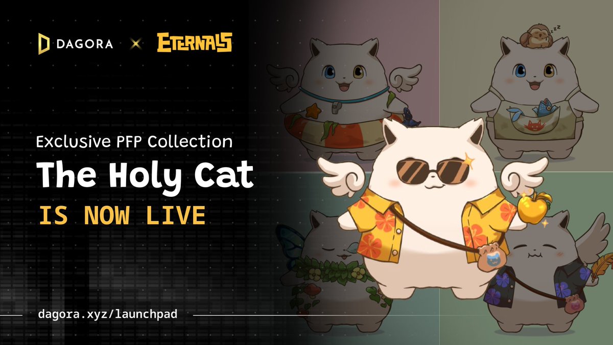 'The Holy Cat' Exclusive PFP Collection launchpad from @Eternals_World is now LIVE on @Dagoraxyz 👉 dagora.xyz/launchpad/eter… What should you keep in mind? 🟡 Round: Only 1 - whitelist - FCFS 🟡 Whitelist Supply: 998 🟡 Mint Price: 2,100 C98 VRC25 🟡 Duration: 1:00 PM, May 6 -