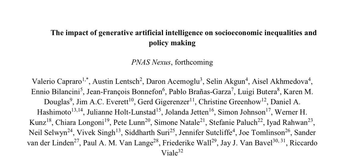 Valerio Capraro (@valeriocapraro) on Twitter photo 🔥Now in press at <a href="/PNASNexus/">PNAS Nexus</a> 🔥
We provide a state-of-the-art, interdisciplinary overview of generative AI’s potential impacts on (mis)information and three information-intensive domains: work, education, and healthcare.
Our goal is to highlight how generative AI could worsen 🔥Now in press at <a href="/PNASNexus/">PNAS Nexus</a> 🔥
We provide a state-of-the-art, interdisciplinary overview of generative AI’s potential impacts on (mis)information and three information-intensive domains: work, education, and healthcare.
Our goal is to highlight how generative AI could worsen