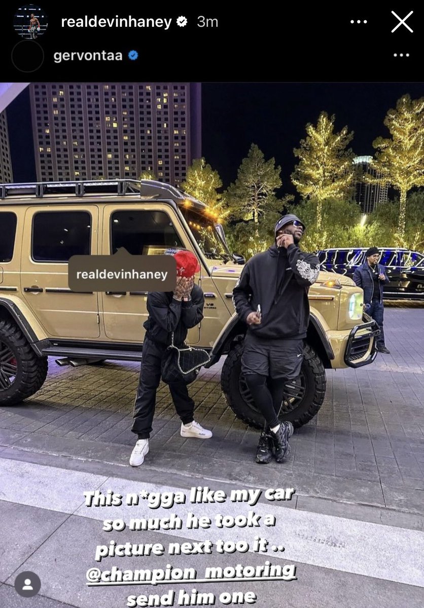Gervonta Davis posts Devin Haney's car and tags him. 

Devin Haney responds saying: 'This n*gga like my car so much he took a picture next to it

#Boxing