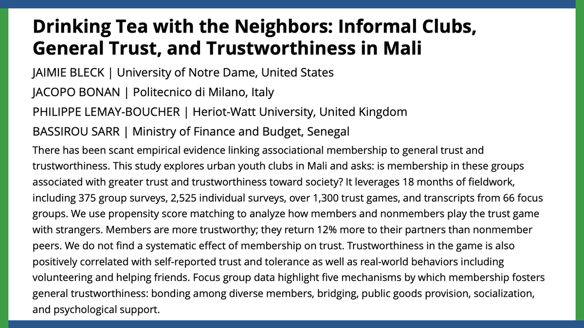 Jaimie Bleck, @jaco_bonan, Philippe Lemay-Boucher, &amp; Bassirou Sarr analyze the influence of urban youth clubs on trust and trustworthiness
#APSRNewIssue
ow.ly/uT4C50RplxE