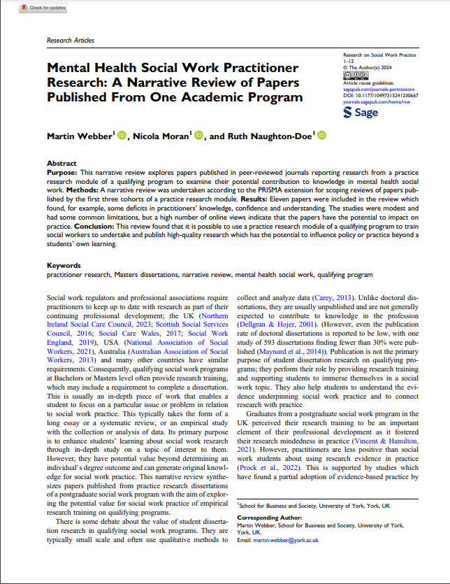 #SocialWorkResearch
#StudentResearch
Article by @mgoat73 et al finds that #StudentResearch has the potential to impact on practice.
'#MentalHealth Social Work Practitioner Research: A Narrative Review of Papers Published From One Academic Program'
journals.sagepub.com/doi/pdf/10.117…