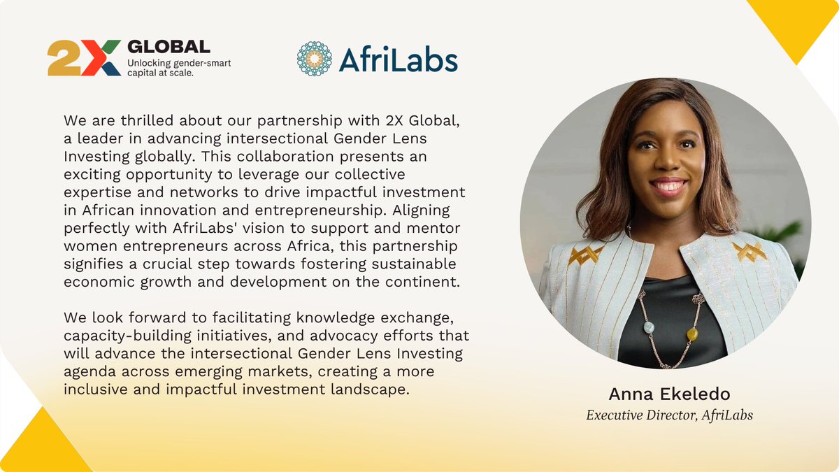 AfriLabs and @2x_global join forces through a strategic partnership to boost Gender Lens Investing in emerging economies, fostering collaboration and capacity-building initiatives to drive sustainable development and impact investment. Read more in our press release!…