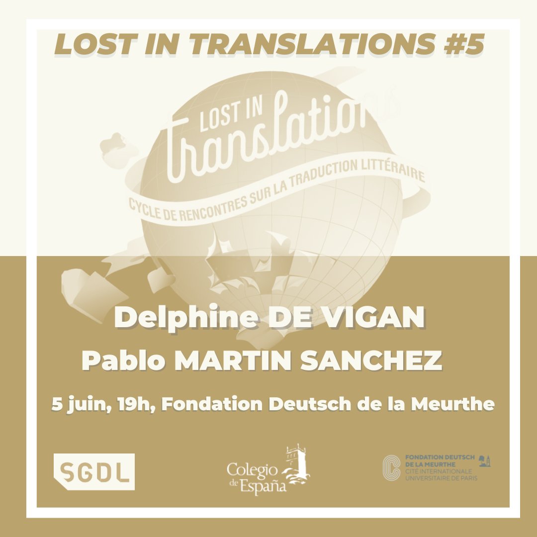 LOST IN TRANSLATIONS
#5  Perdido al traducir 
📣Rencontre avec DELPHINE DE VIGAN et PABLO MARTÍN SÁNCHEZ📣
📍Mercredi 5 juin 2024 | 19h00
INSCRIPTION AVANT le 3 juin 2024  sur le lien suivant :  forms.gle/fDPKY2ZPRU5aUS…
👉Plus d’info sur notre site : bit.ly/3yhxjs0