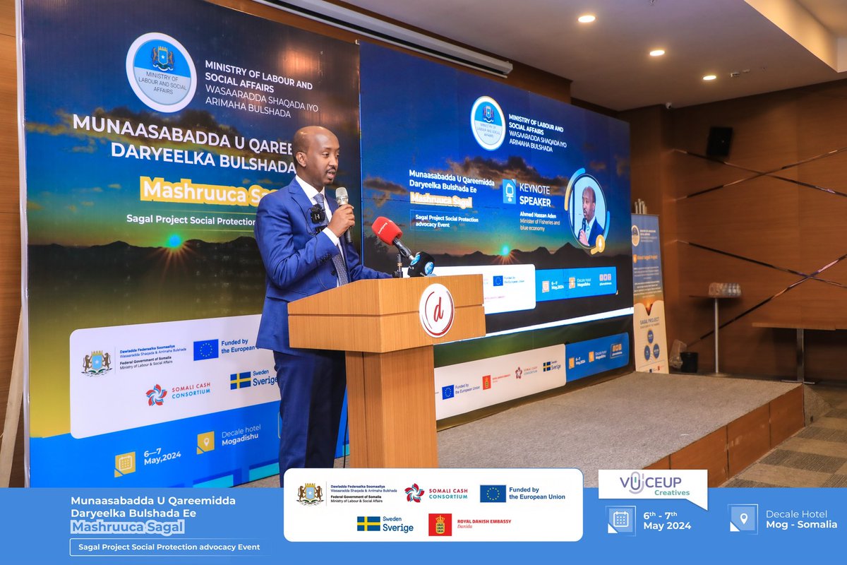 H.E. @AhmedHasanAden, Minister of @MFBESomalia, emphasized the vital nexus between social protection and fisheries. He envisions the #SAGAL Project as a beacon of sustainable development, contributing to equitable access to resources & safeguarding of coastal livelihoods.