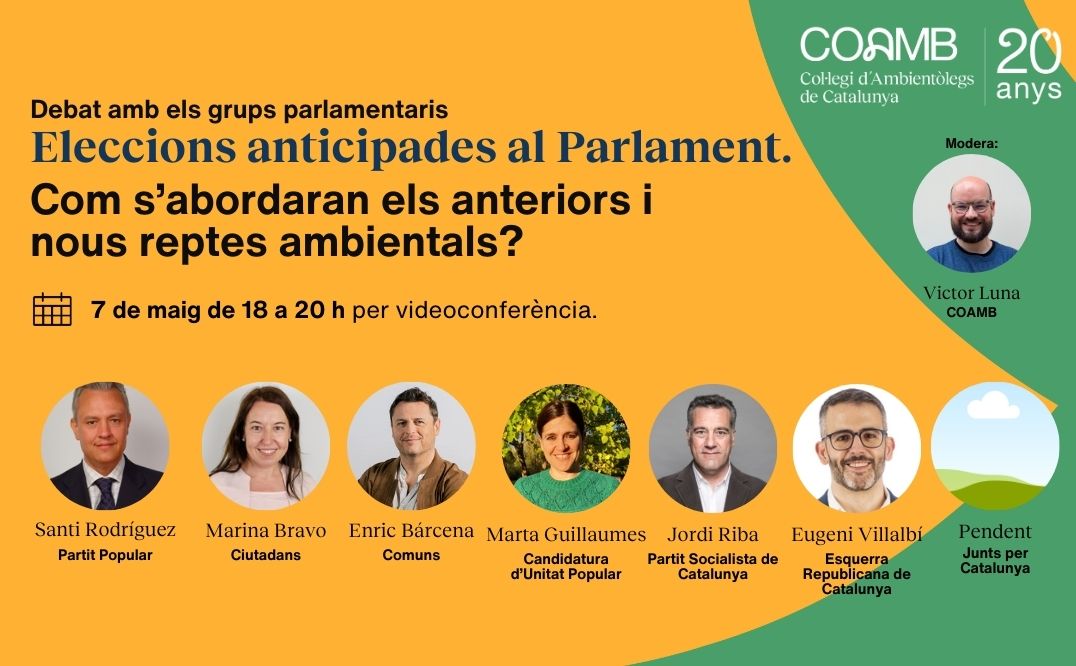 Demà al #debatCOAMB parlem sobre temes ambientals. Tens alguna pregunta que vulguis que fem? <a href="/victorlunap/">Víctor Luna 🌈💚💜❤️</a> <a href="/PPCatalunya/">PP de Catalunya</a> <a href="/SomComuns/">Comuns</a> <a href="/Esquerra_ERC/">Esquerra Republicana</a> <a href="/socialistes_cat/">Socialistes PSC/❤</a> <a href="/JuntsXCat/">Junts per Catalunya🎗</a> <a href="/cupnacional/">CUP Països Catalans</a> <a href="/CiutadansCs/">Ciutadans</a> 
 
📅7 de maig
 🕙 18h - 20h
 📍 On-line
 👉 Inscripcions: coamb.cat/curs/debat-ele…