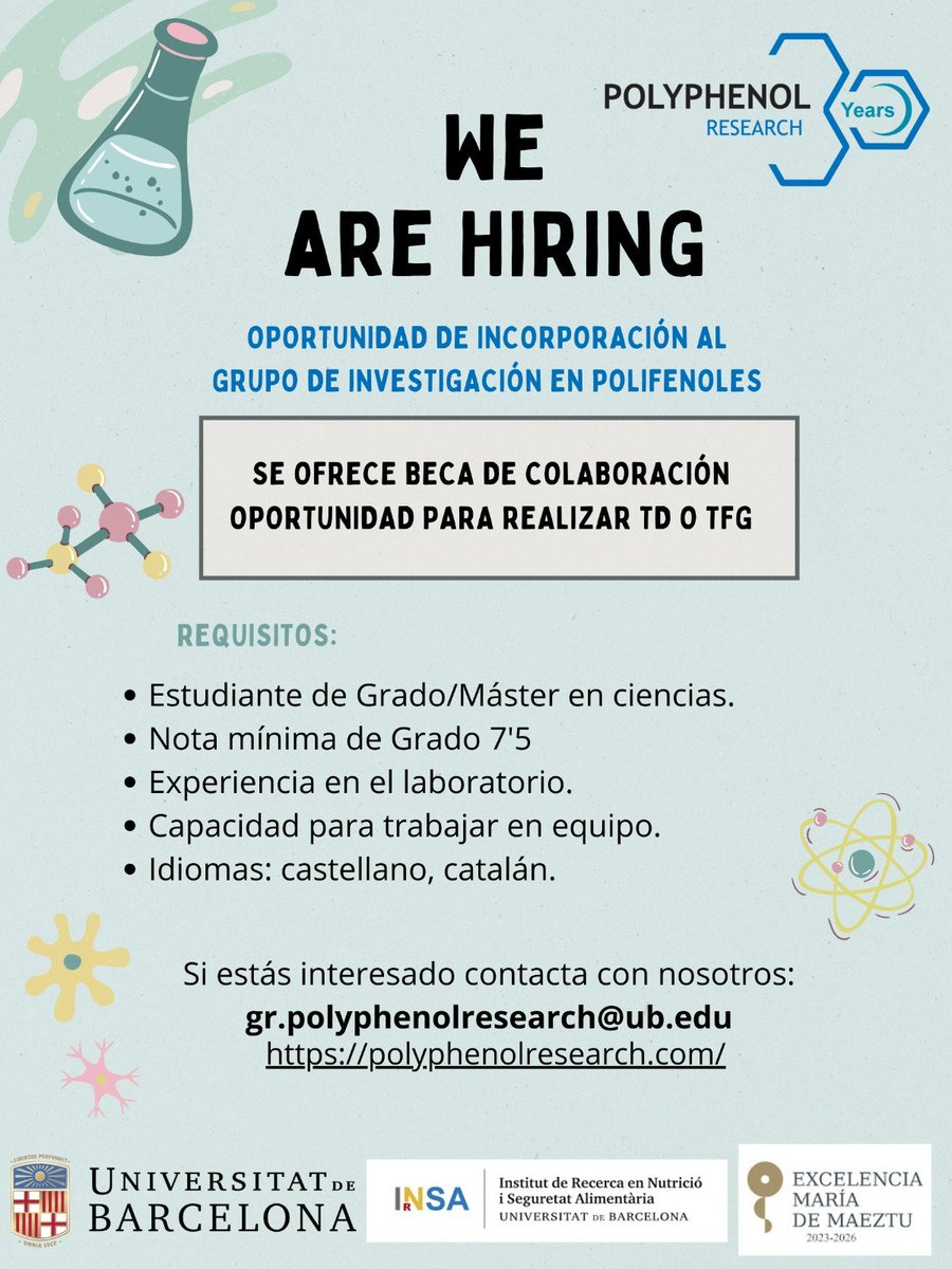 🔵 We are hiring!

Buscamos alumnos de Grado/Máster en Ciencias de la Vida (ej. Química, Farmacia, Nutrición, CTA, Biología...). 👩‍🎓

Se ofrece beca de colaboración de 3/4 meses.⏳ 

⏰Incorporación inmediata.

Incluye posibilidad de realizar Trabajo Dirigido, Tfg/Tfm.💻🎓