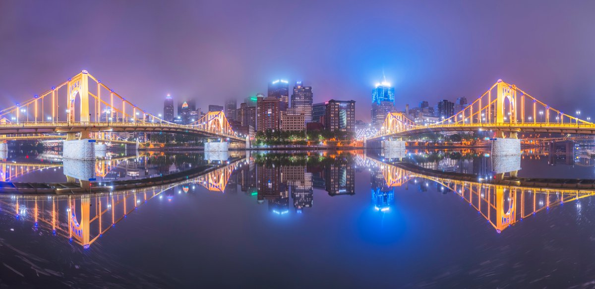 Early morning fog and calm rivers made for some amazing scenes along the rivers in #Pittsburgh today. Between the bridge lights and the city illuminating the fog, this panorama on the North Shore has a creepy but beautiful vibe. Fun start to a Monday morning.