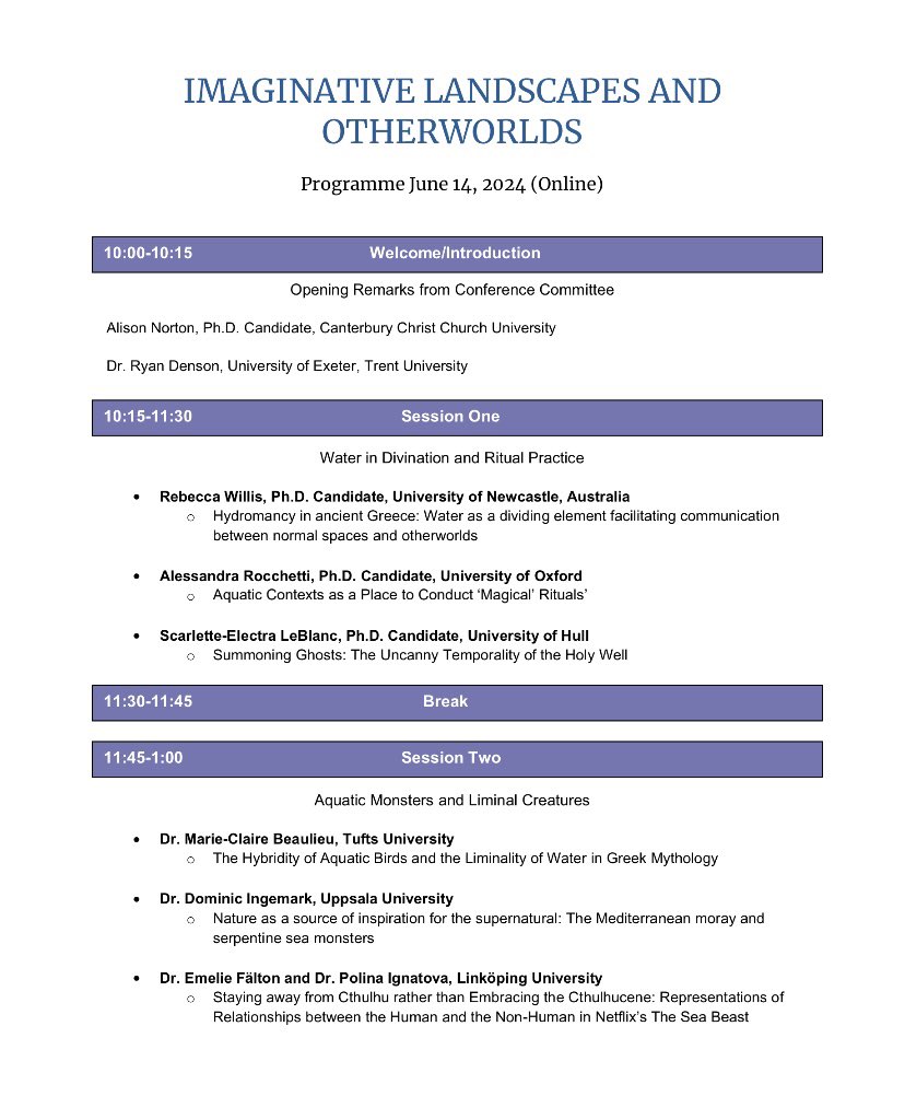 SeaMonsterGuy's tweet photo. We’ve now put out the programme for the Imaginative Landscapes and Otherworlds 2024 conference. 

This year’s theme (The Liminality of Water and Aqueous Realms) is especially close to my own research interests, but also for anyone else with a love of the Blue Humanities. https://t.co/eBYNBBcxbq