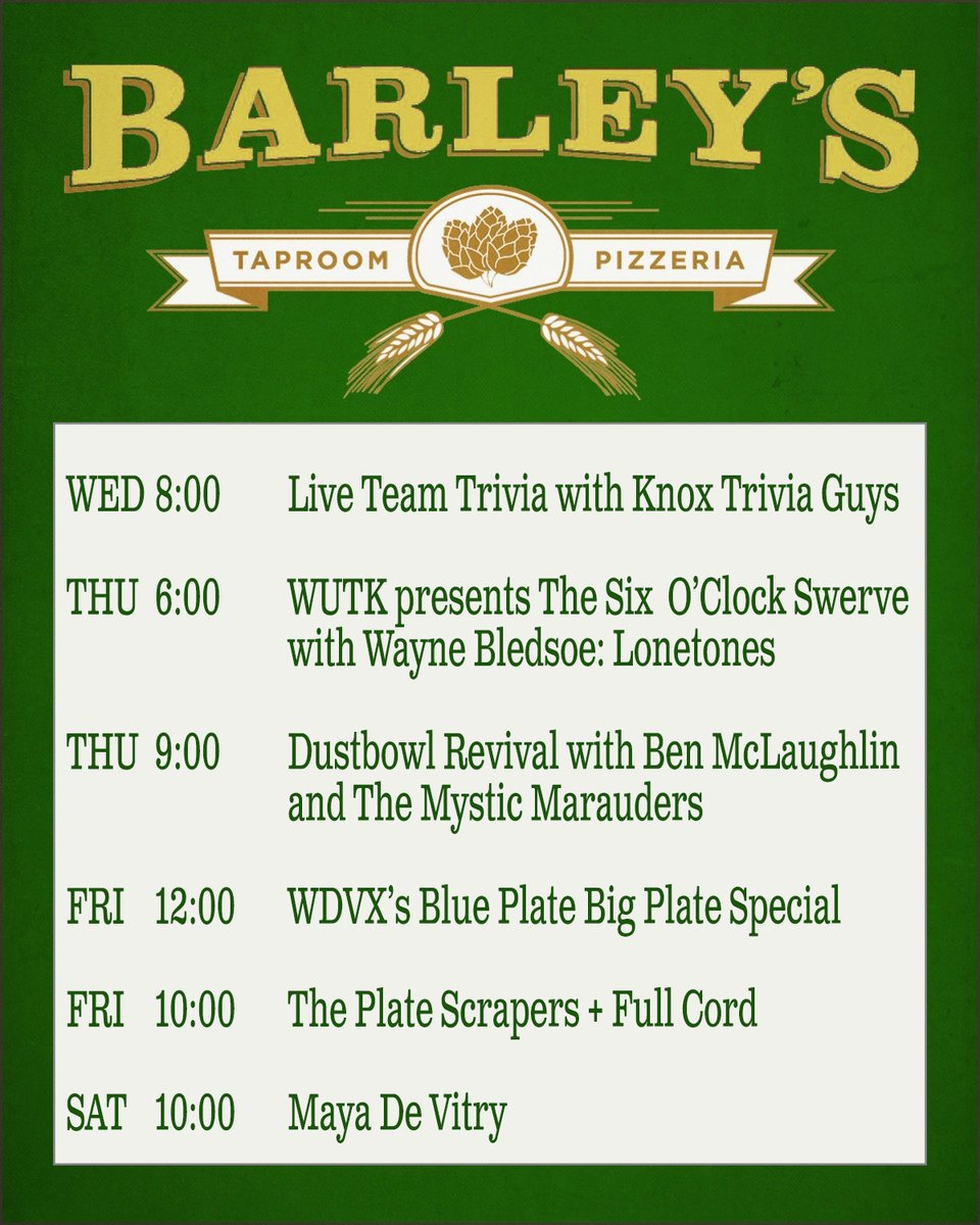 Happy Monday morning, #Knoxville! We had a great weekend with you!! Check out some of the awesome live music we've got lined up for the stage this week--you don't want to miss out! #BarleysKnoxville #KnoxRocks #KnoxvilleMusic