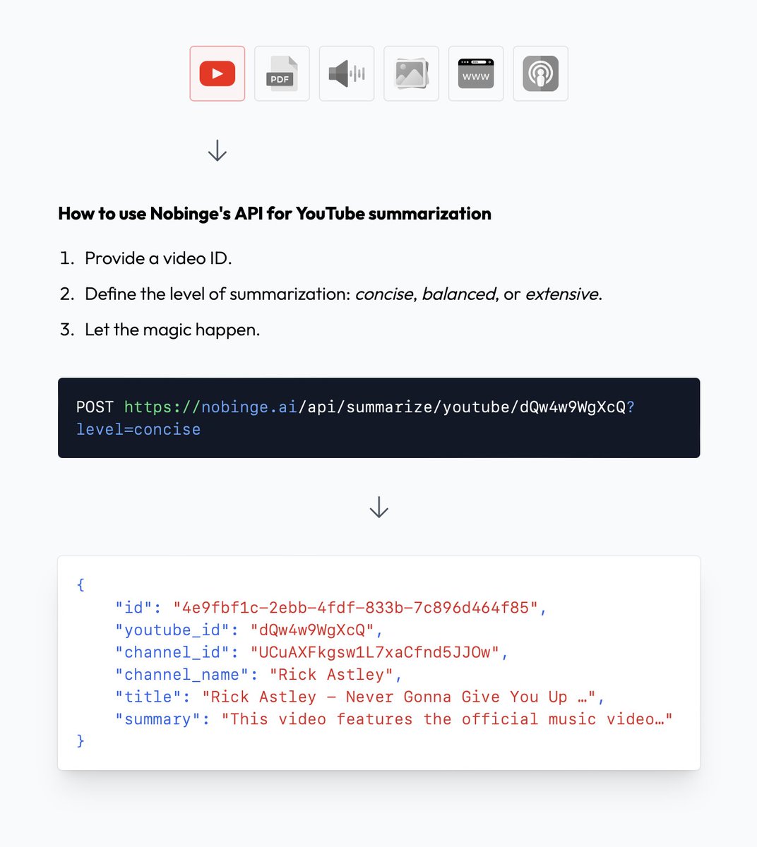 Imagine.

A REST API to transcribe and summarize the most common type of content you want:

- YouTube videos
- Podcasts
- Audio files
- Text on images
- Web pages

No need to worry about infrastructure, crawling the web, rotating proxies, AI compute, and prompt engineering.…