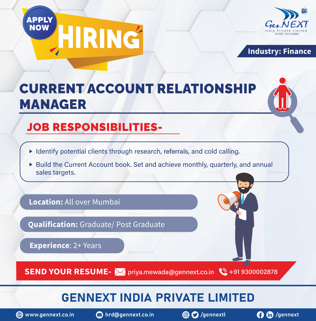 #UrgentHiring 💼📢🎯

Position: Current Account Relationship Manager 
Location: All over Mumbai

#CurrentAccount #RelationshipManager #Mumbai #Graduate #PostGraduate #hiringnow #jobsearching #jobsearch #jobopenings2024 #gennextjob #gennexthiring #GenNext #hiring2024