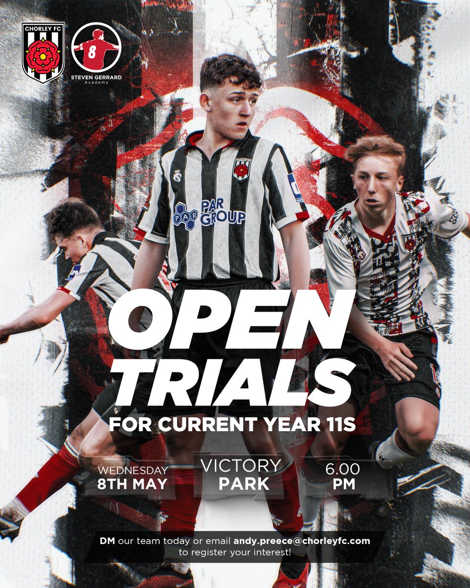 TOMORROW! We will be hosting an open trial evening in association with the @SGerrardAcademy for all current YEAR 11 students 👍🏻 Interested? Email: andy.preece@chorleyfc.com for further details!